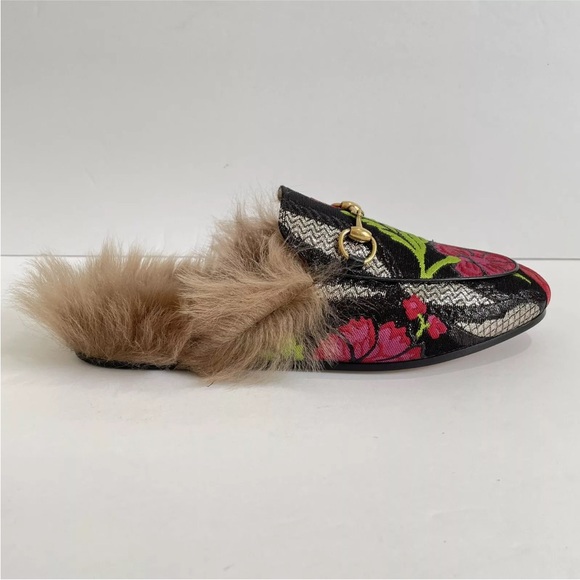 Gucci Princetown Brocade Fur Trim Floral Mule Size 36 Black Anthracite Loafers - Picture 2 of 9